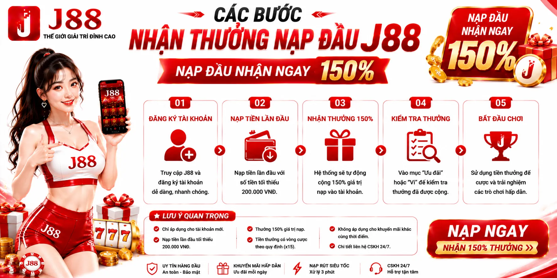 Các bước nhận thưởng nạp đầu J88